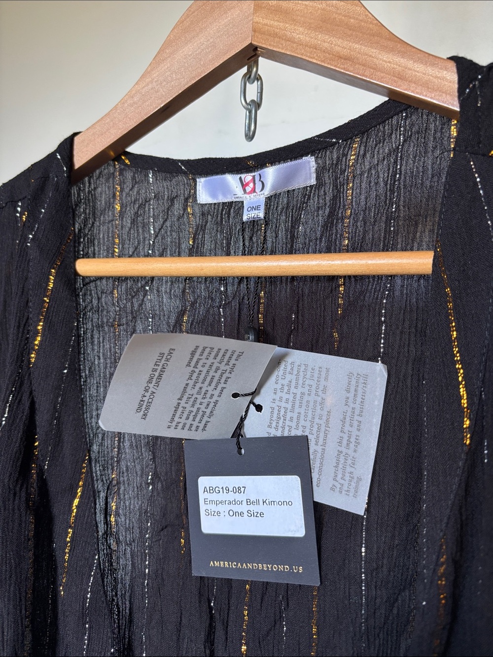 America & Beyond Dark Angel Black Kimono Silver Gold Lurex Stripe - Picture 2 of 7